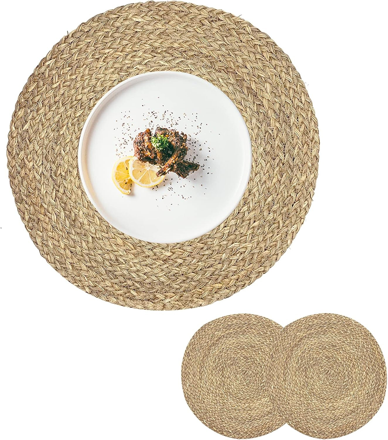 Set of 4 Round Woven Placemats from Natural Water Hyacinth, 13.5 Inch Rattan Heat-Resistant Outdoor Table Mats for Farmhouse and Boho Decor