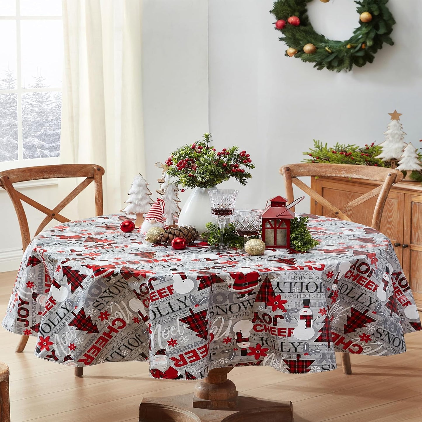 Holiday Word Collage Vinyl Tablecloth with Flannel Backing – 60 x 102 Inch Rectangle, Featuring Red Plaid Trees, Santa, and Snowflakes – Easy-Care Wipe Clean Design