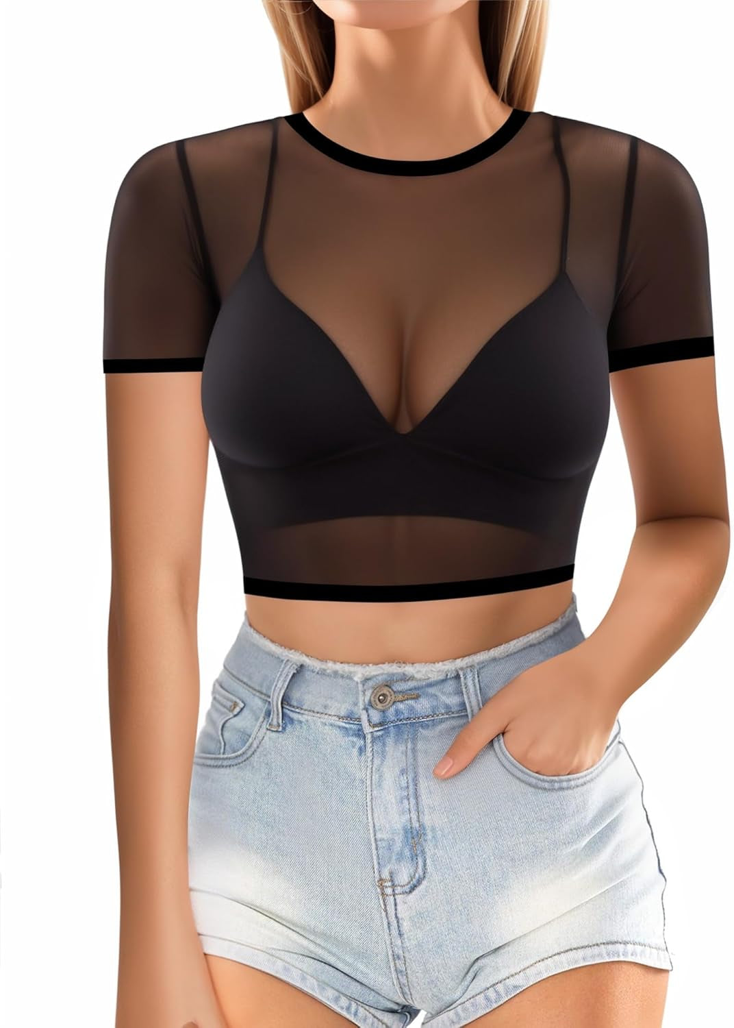 Women's Sheer Mesh Short and Long Sleeve Crop Top Blouse
