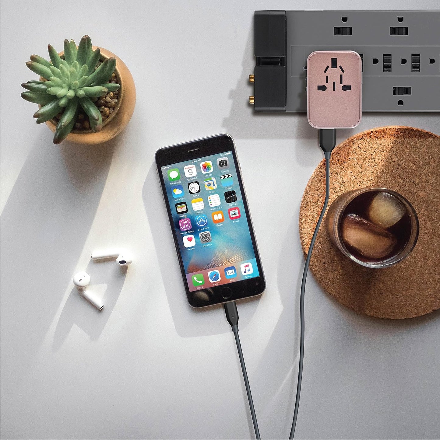 Universal Travel Adapter - All-in-One International Plug (Rose Gold) with 4 USB Ports, Compatible in 150+ Countries, 220 Volt, Type C to G, Ideal for UK, Japan, Germany, France, EU