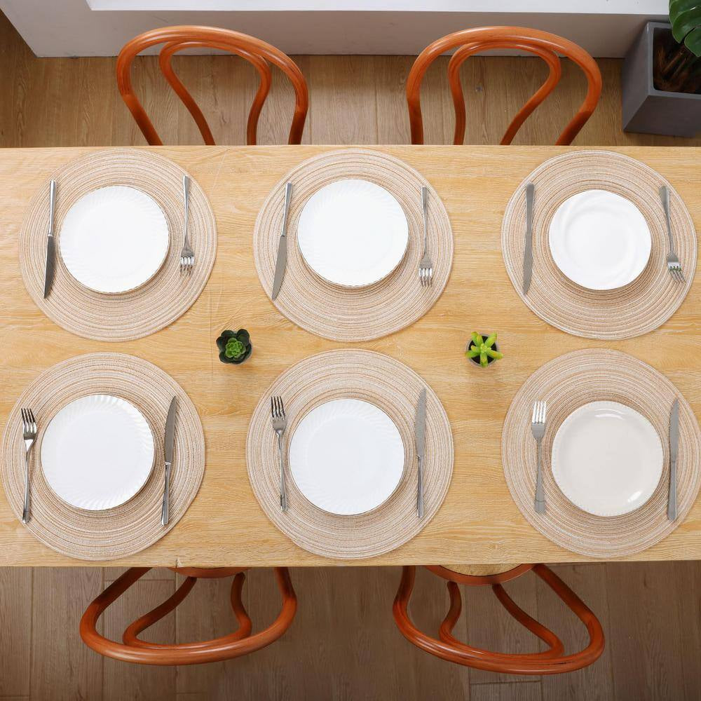 15 In. round Beige Washable Cotton Braided Placemats for Kitchen Dining Table (Set of 6)