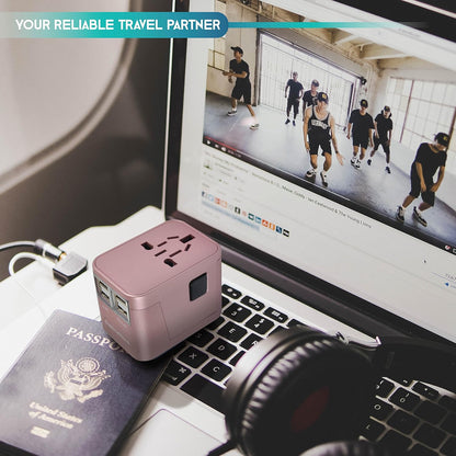 Universal Travel Adapter - All-in-One International Plug (Rose Gold) with 4 USB Ports, Compatible in 150+ Countries, 220 Volt, Type C to G, Ideal for UK, Japan, Germany, France, EU