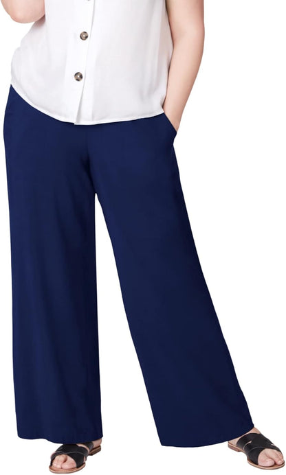 Plus Size Wide-Leg Soft Trousers with Back Elastic Waistband