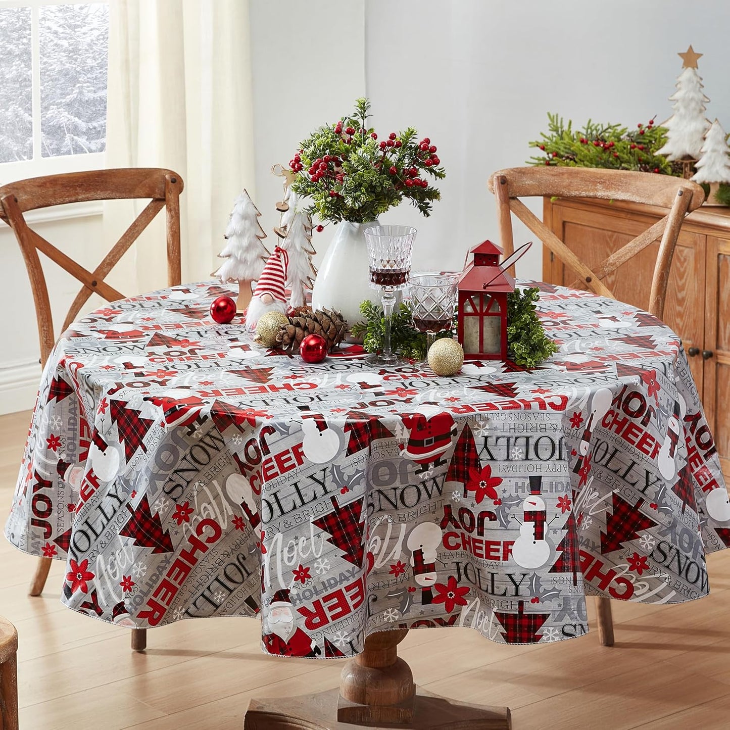 Holiday Word Collage Vinyl Tablecloth with Flannel Backing – 60 x 102 Inch Rectangle, Featuring Red Plaid Trees, Santa, and Snowflakes – Easy-Care Wipe Clean Design