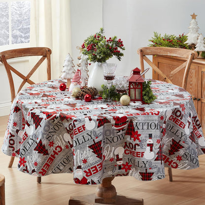 Holiday Word Collage Vinyl Tablecloth with Flannel Backing – 60 x 102 Inch Rectangle, Featuring Red Plaid Trees, Santa, and Snowflakes – Easy-Care Wipe Clean Design
