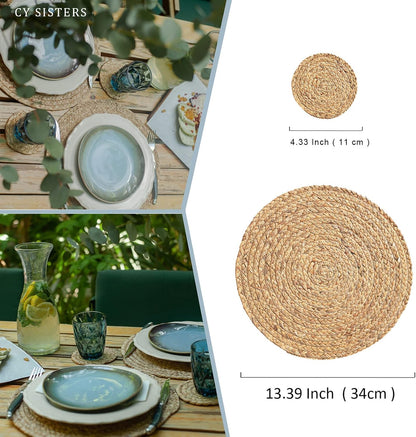 Set of 4 Round Woven Placemats from Natural Water Hyacinth, 13.5 Inch Rattan Heat-Resistant Outdoor Table Mats for Farmhouse and Boho Decor