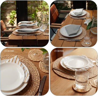 Set of 4 Round Woven Placemats from Natural Water Hyacinth, 13.5 Inch Rattan Heat-Resistant Outdoor Table Mats for Farmhouse and Boho Decor
