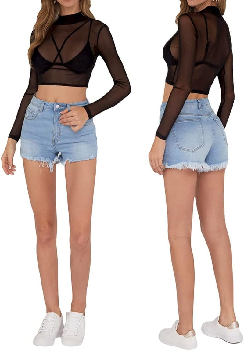 Women's Sheer Mesh Short and Long Sleeve Crop Top Blouse
