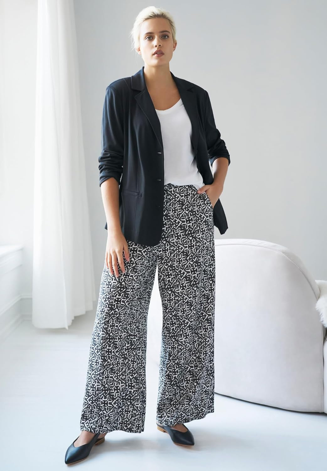 Plus Size Wide-Leg Soft Trousers with Back Elastic Waistband