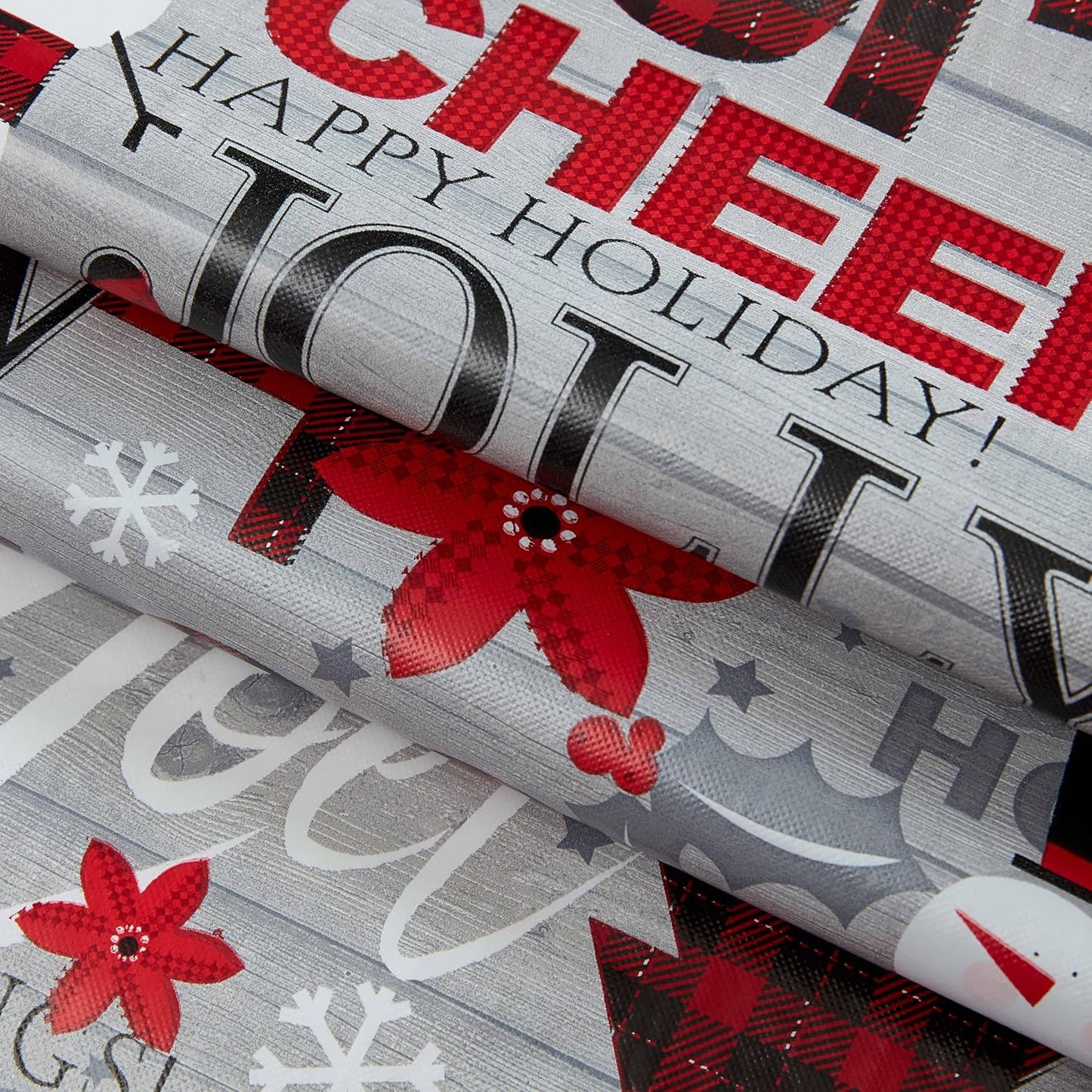 Holiday Word Collage Vinyl Tablecloth with Flannel Backing – 60 x 102 Inch Rectangle, Featuring Red Plaid Trees, Santa, and Snowflakes – Easy-Care Wipe Clean Design