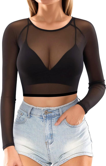 Women's Sheer Mesh Short and Long Sleeve Crop Top Blouse