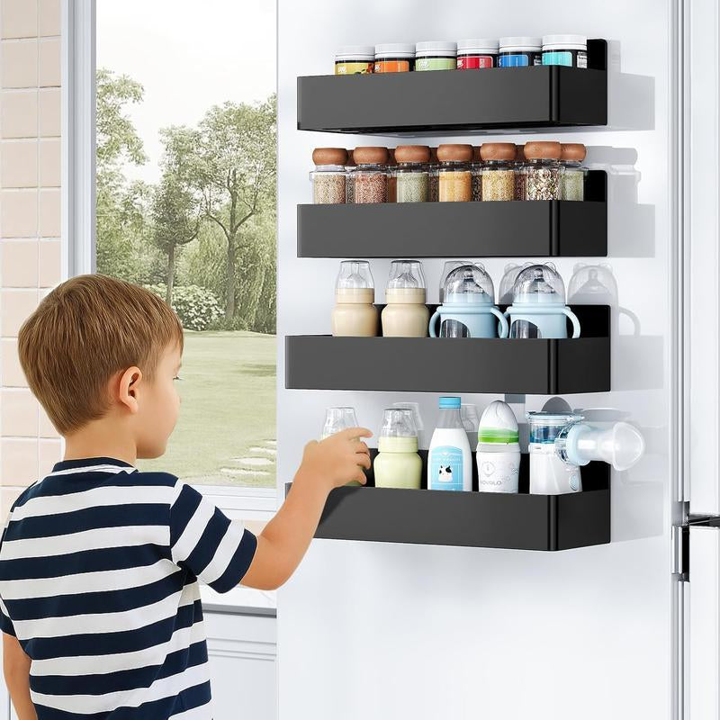 Metal 4 Pack Magnetic Spice Storage Rack Organizer for Refrigerator and Oven, Black Fridge Organizers and Storage- Moveable Fridge Magnetic Spice Racks,Metal Black(Mixed Metal and Plastic Hair)
