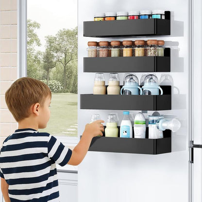 Metal 4 Pack Magnetic Spice Storage Rack Organizer for Refrigerator and Oven, Black Fridge Organizers and Storage- Moveable Fridge Magnetic Spice Racks,Metal Black(Mixed Metal and Plastic Hair)