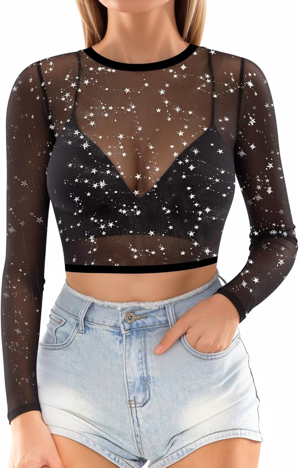 Women's Sheer Mesh Short and Long Sleeve Crop Top Blouse