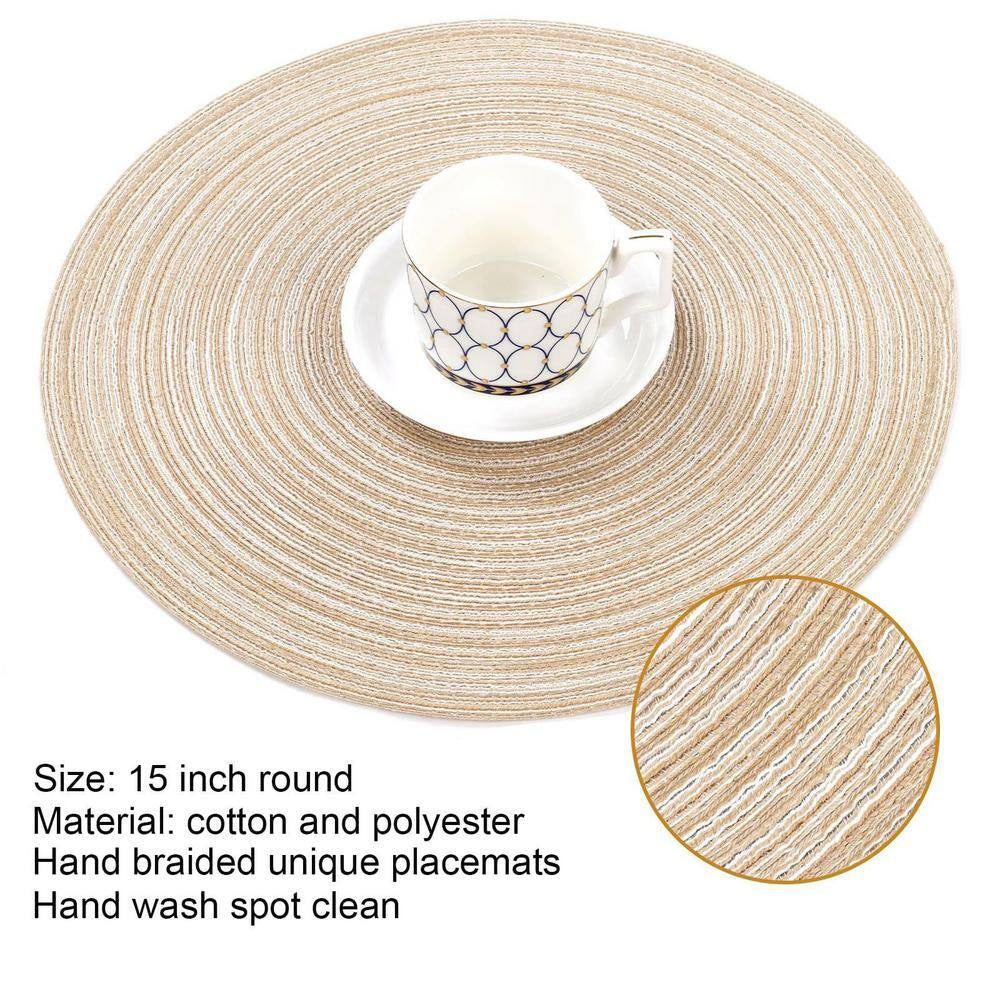15 In. round Beige Washable Cotton Braided Placemats for Kitchen Dining Table (Set of 6)