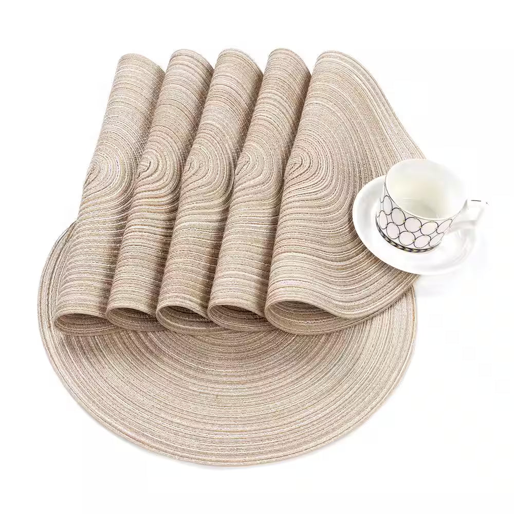 15 In. round Beige Washable Cotton Braided Placemats for Kitchen Dining Table (Set of 6)