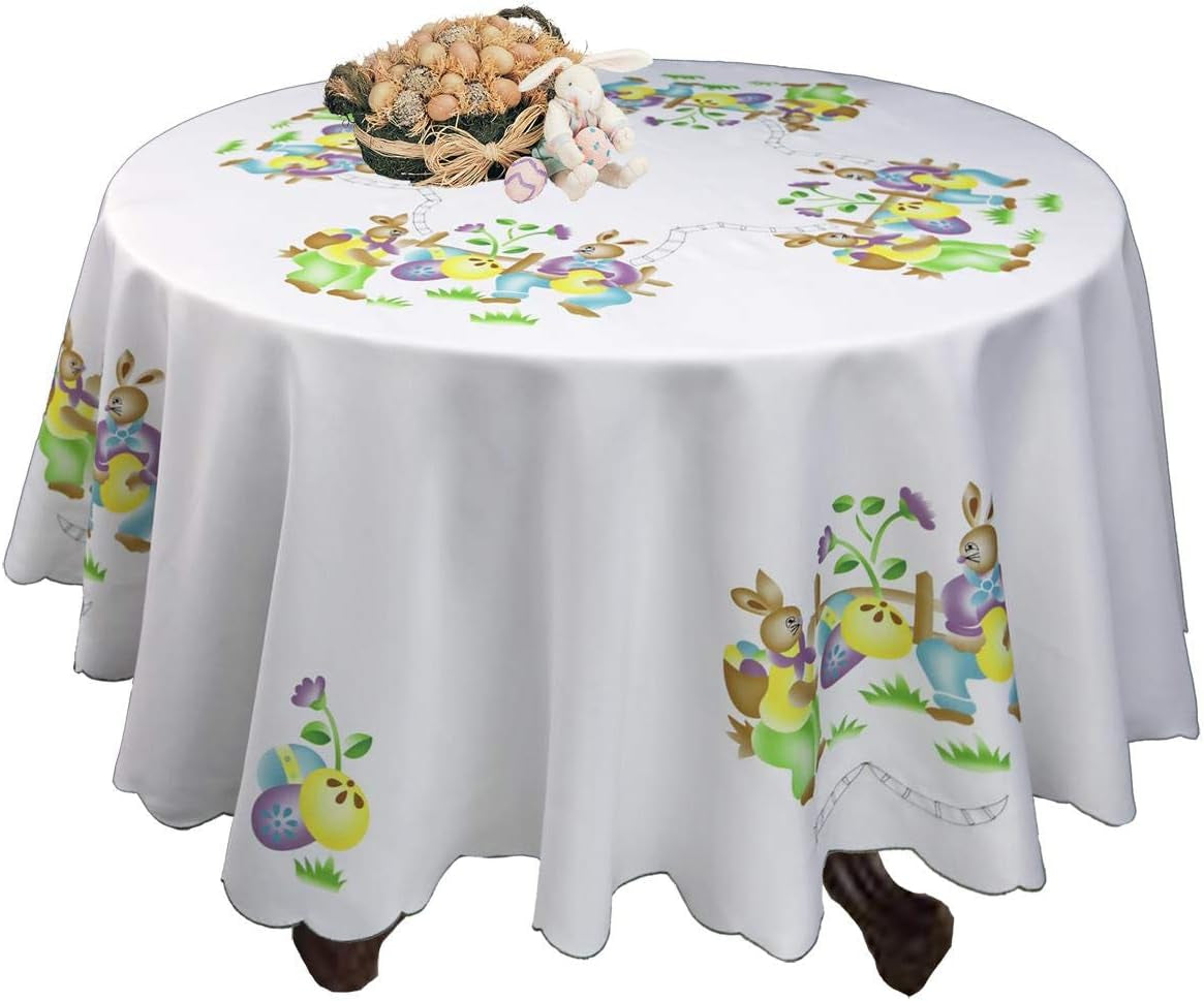 Easter Bunny 68" Round Spring Fabric Tablecloth in Egg White
