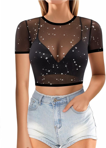 Women's Sheer Mesh Short and Long Sleeve Crop Top Blouse