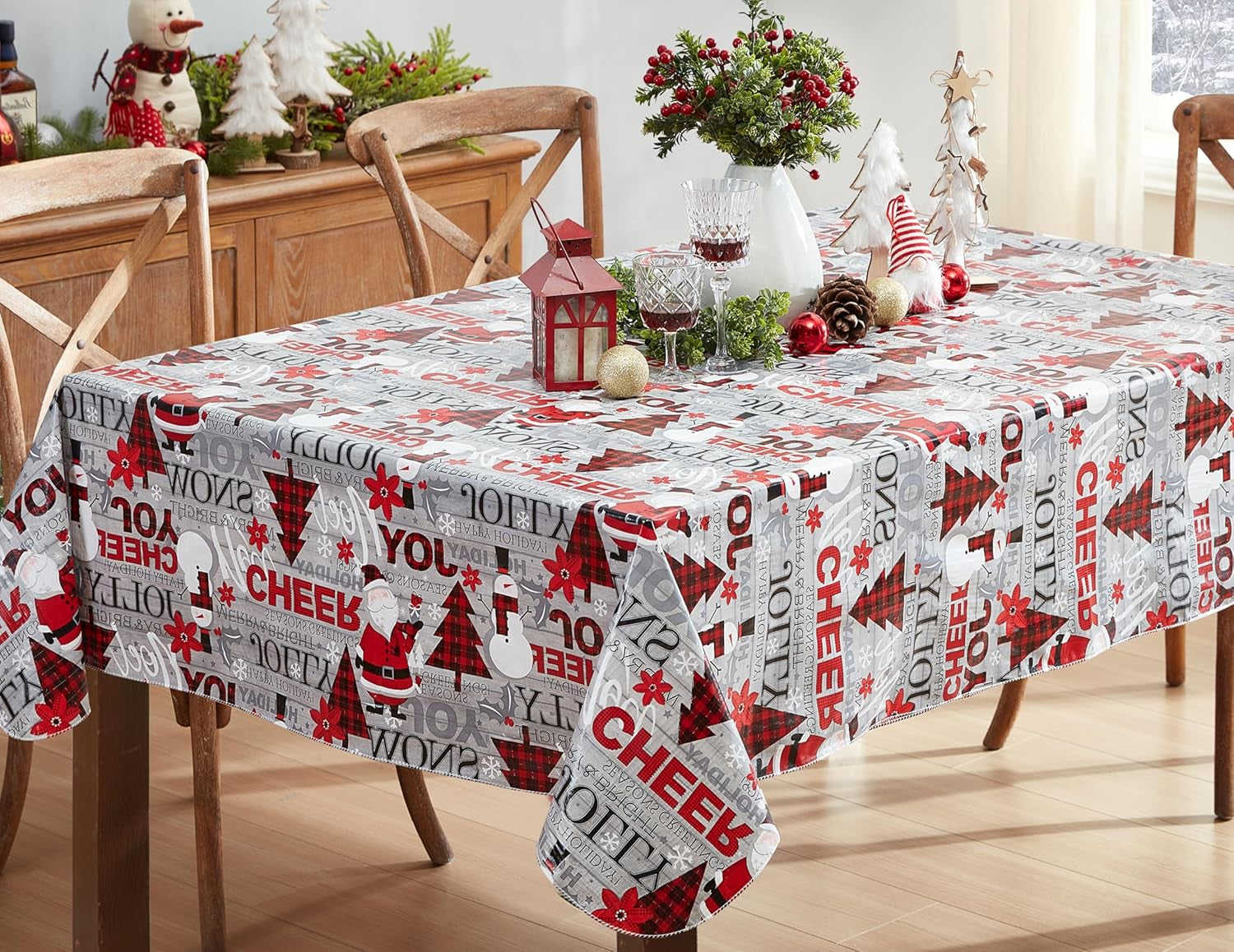 Holiday Word Collage Vinyl Tablecloth with Flannel Backing – 60 x 102 Inch Rectangle, Featuring Red Plaid Trees, Santa, and Snowflakes – Easy-Care Wipe Clean Design