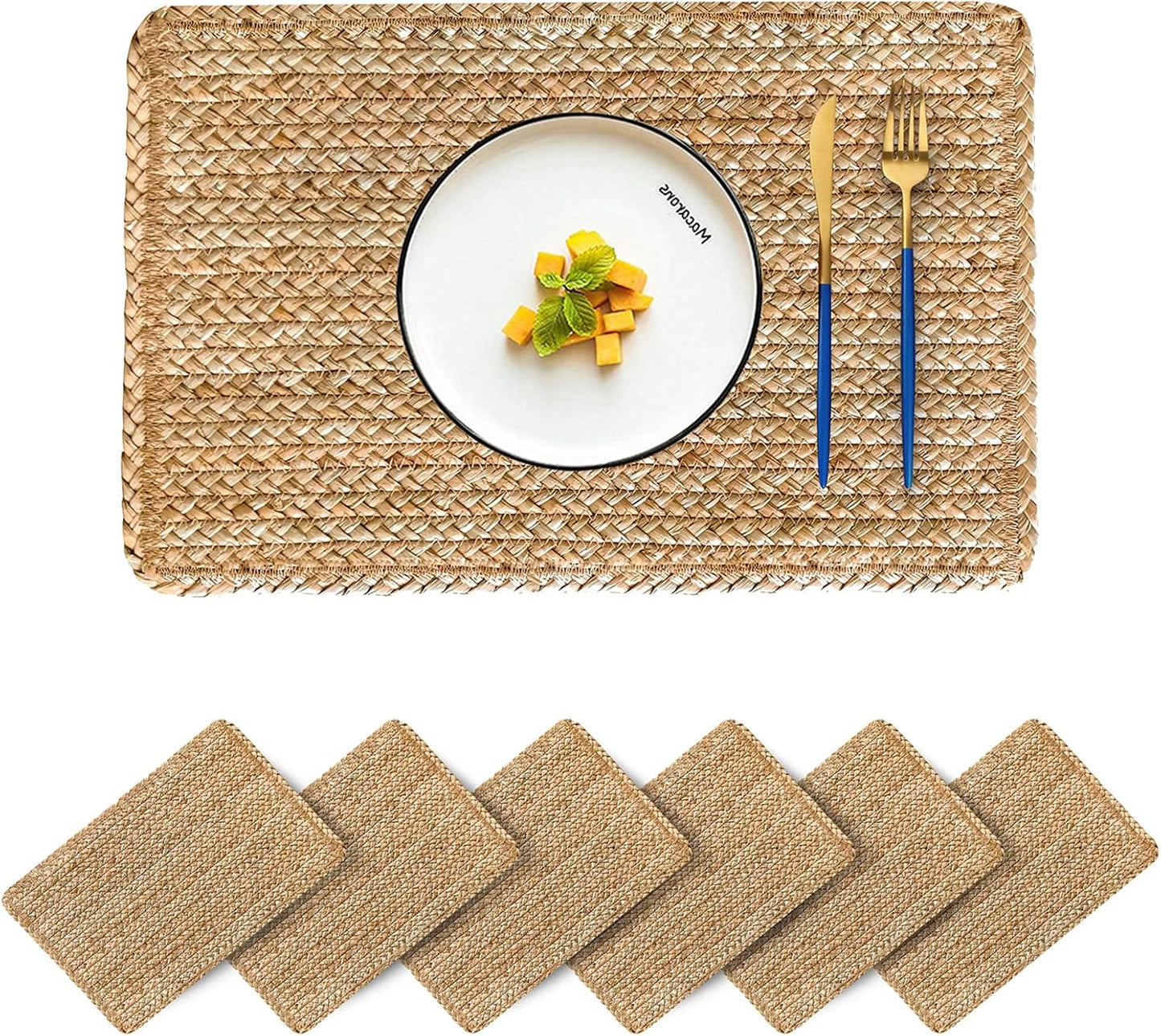 Set of 4 Round Woven Placemats from Natural Water Hyacinth, 13.5 Inch Rattan Heat-Resistant Outdoor Table Mats for Farmhouse and Boho Decor