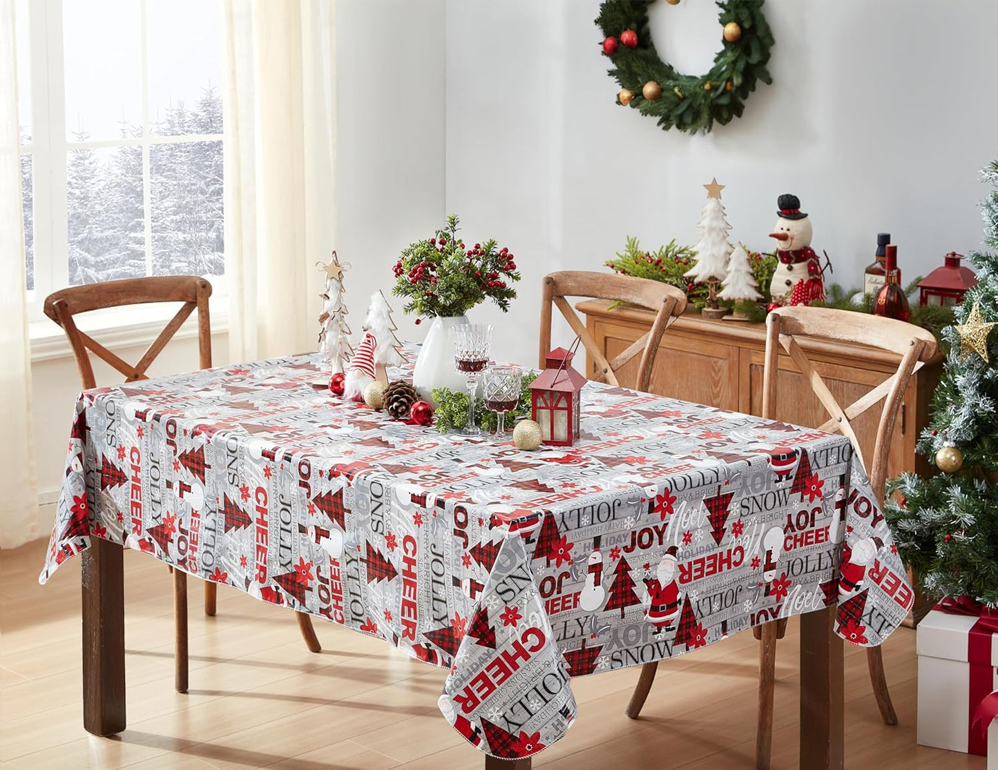 Holiday Word Collage Vinyl Tablecloth with Flannel Backing – 60 x 102 Inch Rectangle, Featuring Red Plaid Trees, Santa, and Snowflakes – Easy-Care Wipe Clean Design