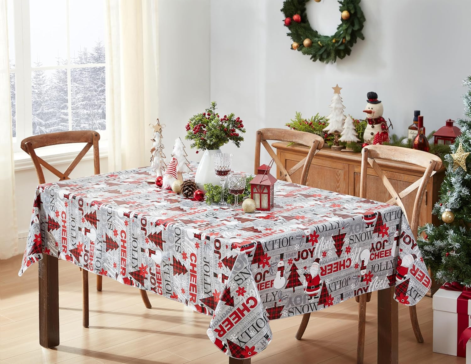 Holiday Word Collage Vinyl Tablecloth with Flannel Backing – 60 x 102 Inch Rectangle, Featuring Red Plaid Trees, Santa, and Snowflakes – Easy-Care Wipe Clean Design