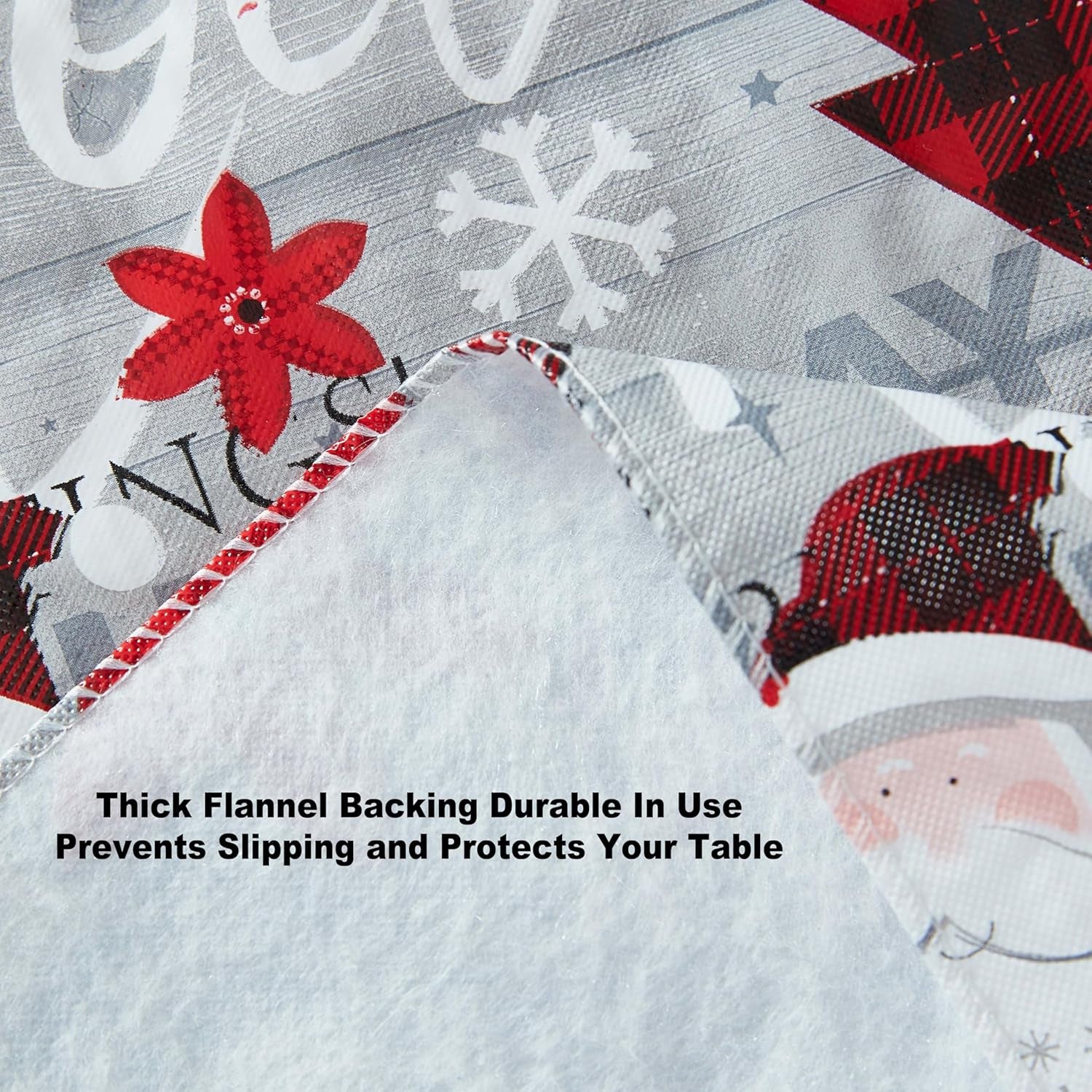 Holiday Word Collage Vinyl Tablecloth with Flannel Backing – 60 x 102 Inch Rectangle, Featuring Red Plaid Trees, Santa, and Snowflakes – Easy-Care Wipe Clean Design