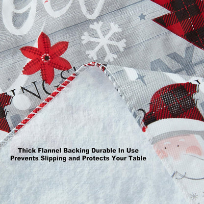 Holiday Word Collage Vinyl Tablecloth with Flannel Backing – 60 x 102 Inch Rectangle, Featuring Red Plaid Trees, Santa, and Snowflakes – Easy-Care Wipe Clean Design