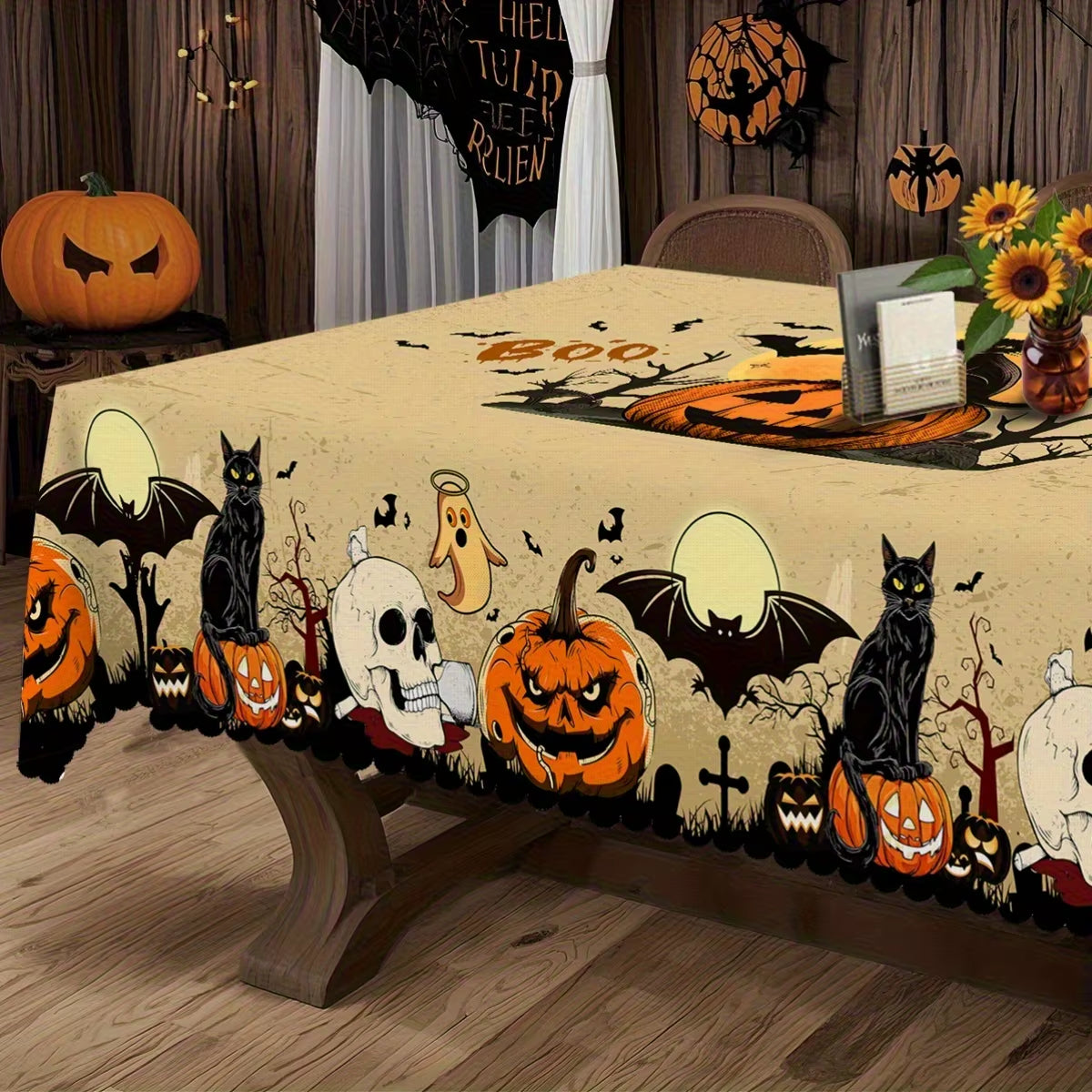 Halloween Pumpkins Bats Skulls Tablecloths Halloween Spooky Black Cat Polyester Kitchen Dining Table Cloth Halloween Decoration