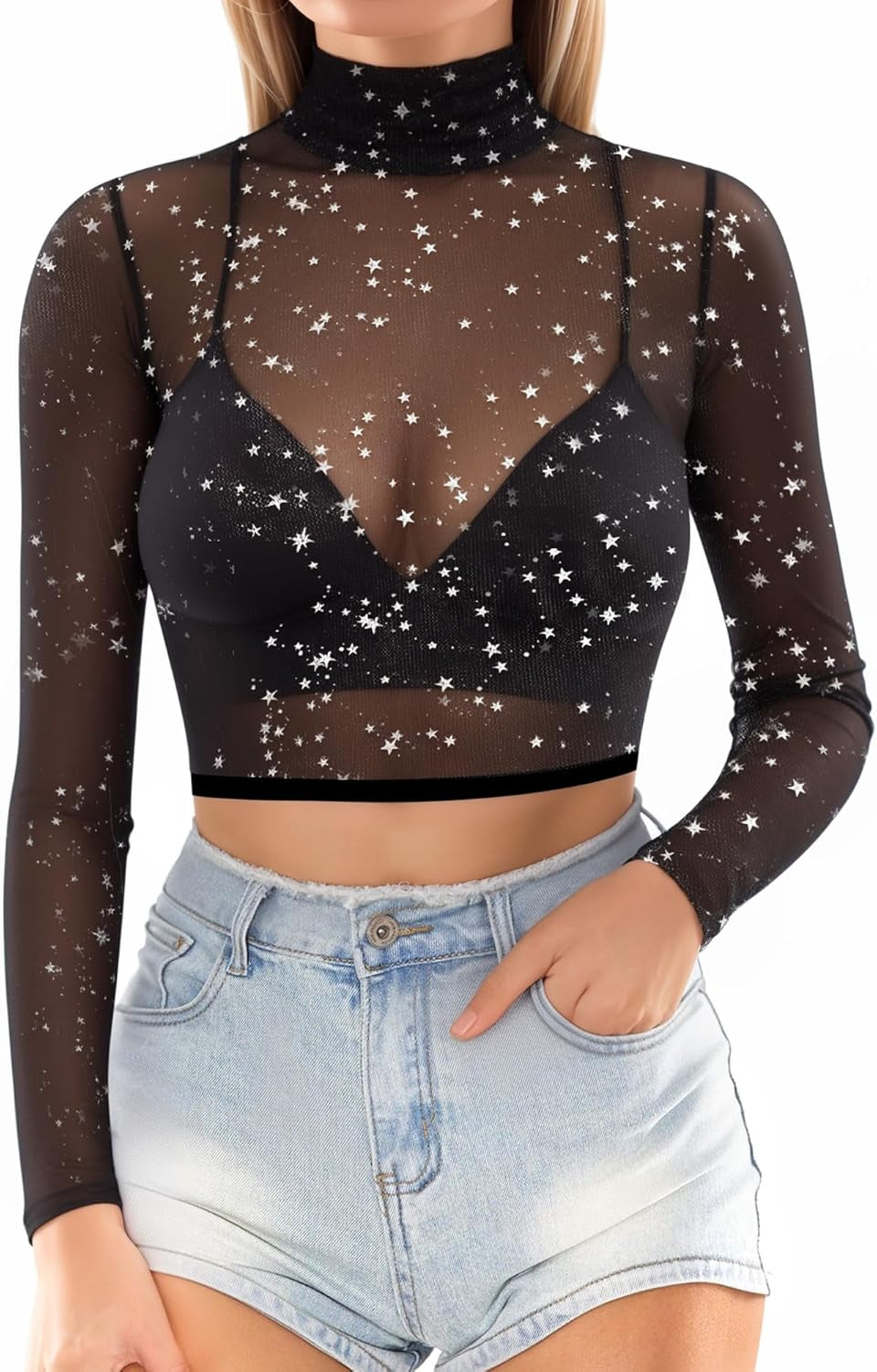 Women's Sheer Mesh Short and Long Sleeve Crop Top Blouse