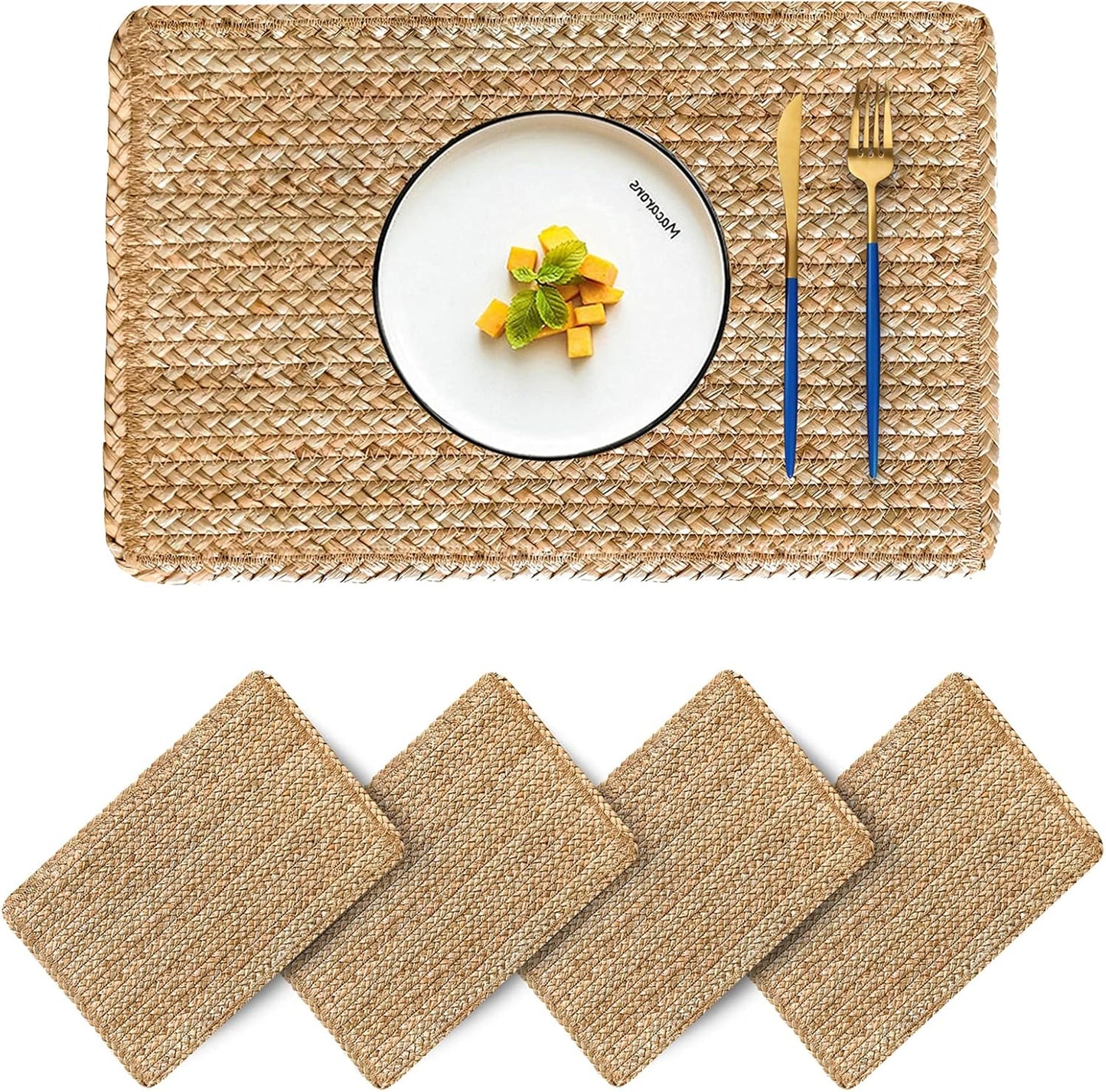 Set of 4 Round Woven Placemats from Natural Water Hyacinth, 13.5 Inch Rattan Heat-Resistant Outdoor Table Mats for Farmhouse and Boho Decor