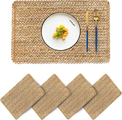 Set of 4 Round Woven Placemats from Natural Water Hyacinth, 13.5 Inch Rattan Heat-Resistant Outdoor Table Mats for Farmhouse and Boho Decor