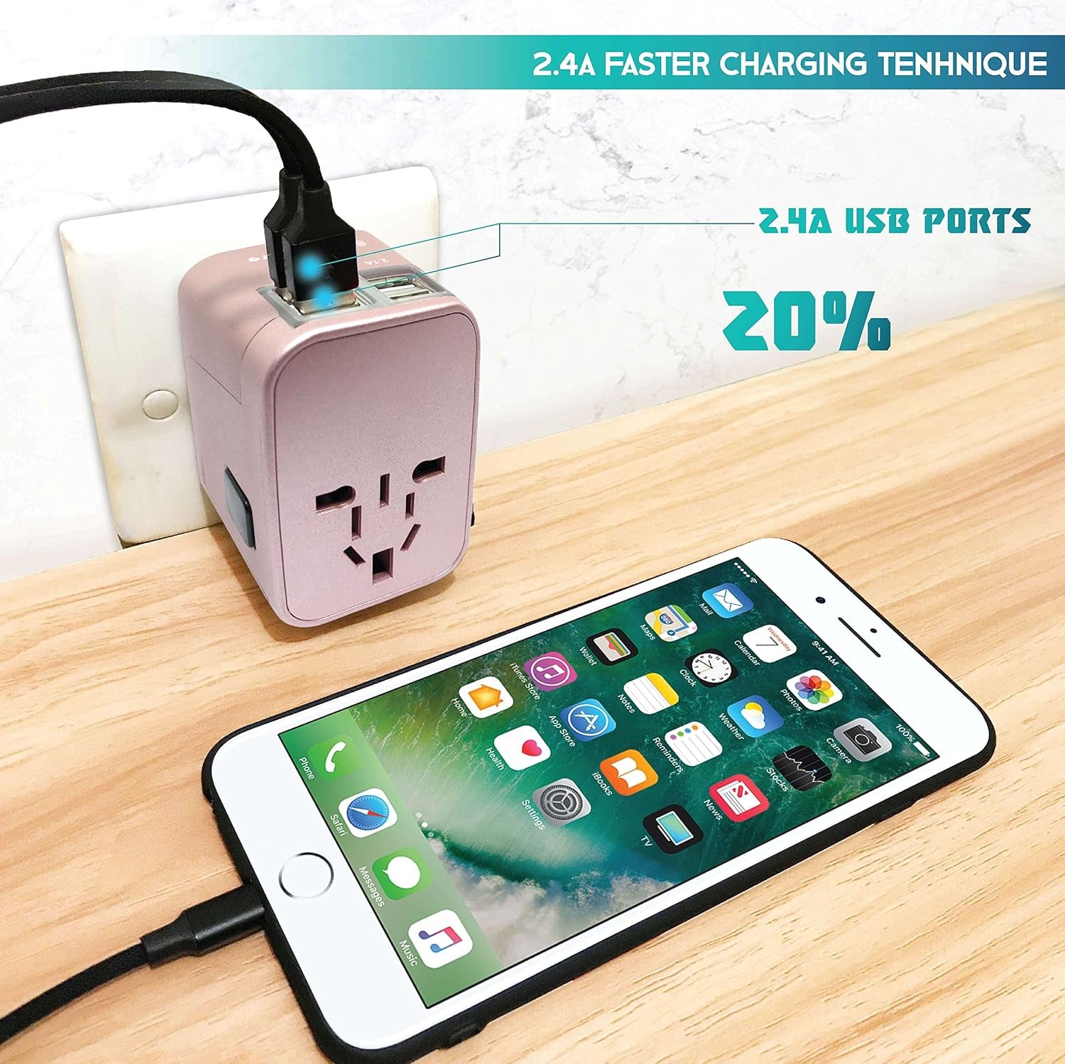 Universal Travel Adapter - All-in-One International Plug (Rose Gold) with 4 USB Ports, Compatible in 150+ Countries, 220 Volt, Type C to G, Ideal for UK, Japan, Germany, France, EU