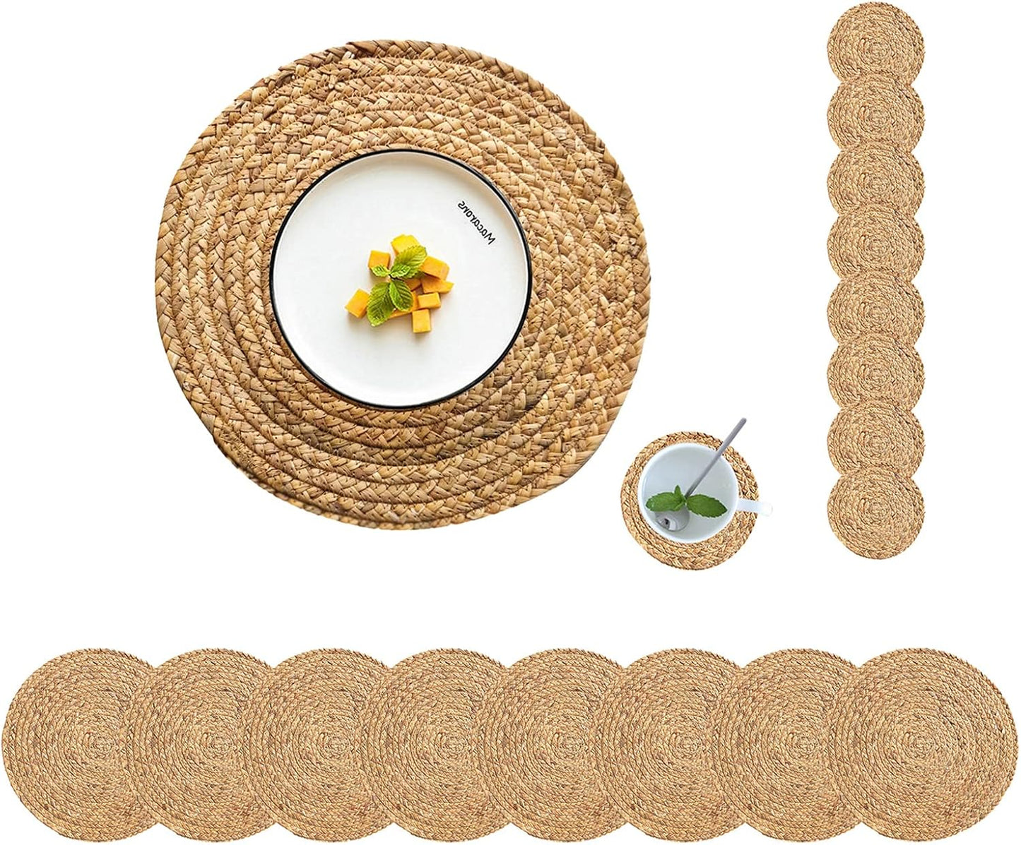 Set of 4 Round Woven Placemats from Natural Water Hyacinth, 13.5 Inch Rattan Heat-Resistant Outdoor Table Mats for Farmhouse and Boho Decor