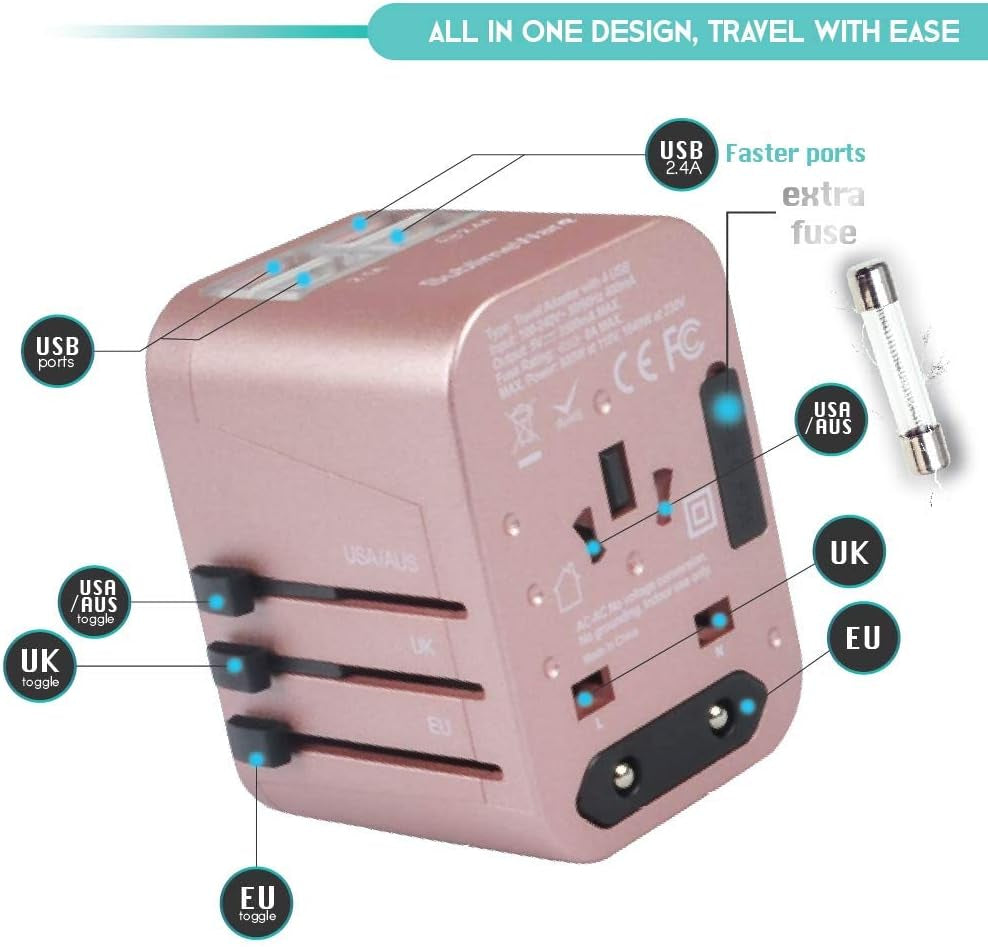 Universal Travel Adapter - All-in-One International Plug (Rose Gold) with 4 USB Ports, Compatible in 150+ Countries, 220 Volt, Type C to G, Ideal for UK, Japan, Germany, France, EU