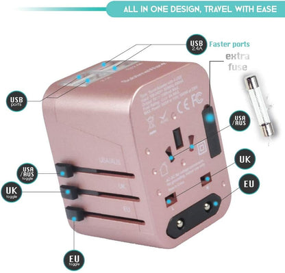 Universal Travel Adapter - All-in-One International Plug (Rose Gold) with 4 USB Ports, Compatible in 150+ Countries, 220 Volt, Type C to G, Ideal for UK, Japan, Germany, France, EU
