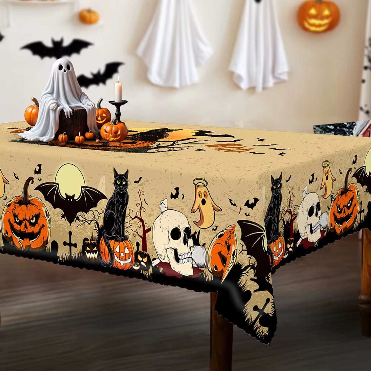 Halloween Pumpkins Bats Skulls Tablecloths Halloween Spooky Black Cat Polyester Kitchen Dining Table Cloth Halloween Decoration