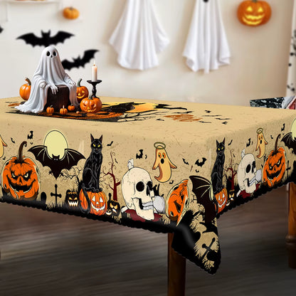 Halloween Pumpkins Bats Skulls Tablecloths Halloween Spooky Black Cat Polyester Kitchen Dining Table Cloth Halloween Decoration