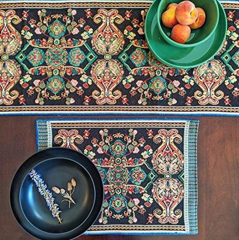 Tache Rococo Elegant Black and Green Paisley Cotton Linen Tapestry Table Runner with Tassels, 13x54 inches