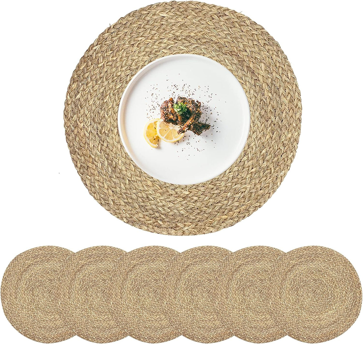 Set of 4 Round Woven Placemats from Natural Water Hyacinth, 13.5 Inch Rattan Heat-Resistant Outdoor Table Mats for Farmhouse and Boho Decor