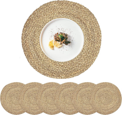 Set of 4 Round Woven Placemats from Natural Water Hyacinth, 13.5 Inch Rattan Heat-Resistant Outdoor Table Mats for Farmhouse and Boho Decor