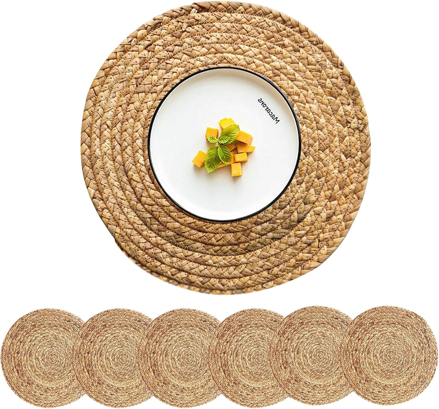 Set of 4 Round Woven Placemats from Natural Water Hyacinth, 13.5 Inch Rattan Heat-Resistant Outdoor Table Mats for Farmhouse and Boho Decor