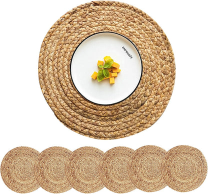 Set of 4 Round Woven Placemats from Natural Water Hyacinth, 13.5 Inch Rattan Heat-Resistant Outdoor Table Mats for Farmhouse and Boho Decor