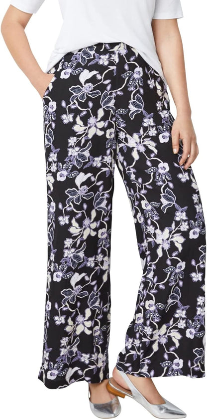 Plus Size Wide-Leg Soft Trousers with Back Elastic Waistband