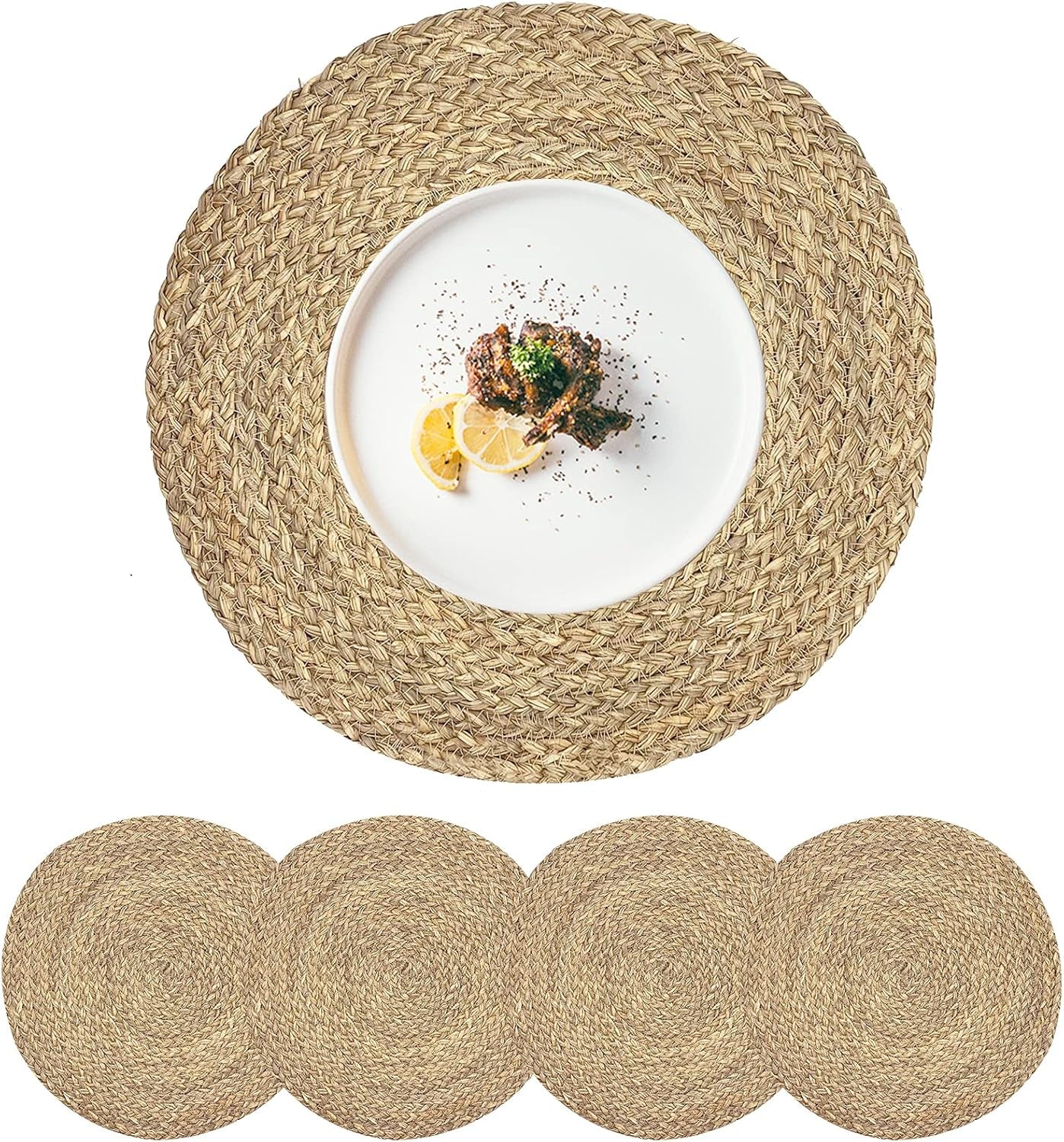 Set of 4 Round Woven Placemats from Natural Water Hyacinth, 13.5 Inch Rattan Heat-Resistant Outdoor Table Mats for Farmhouse and Boho Decor