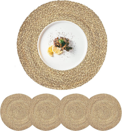 Set of 4 Round Woven Placemats from Natural Water Hyacinth, 13.5 Inch Rattan Heat-Resistant Outdoor Table Mats for Farmhouse and Boho Decor