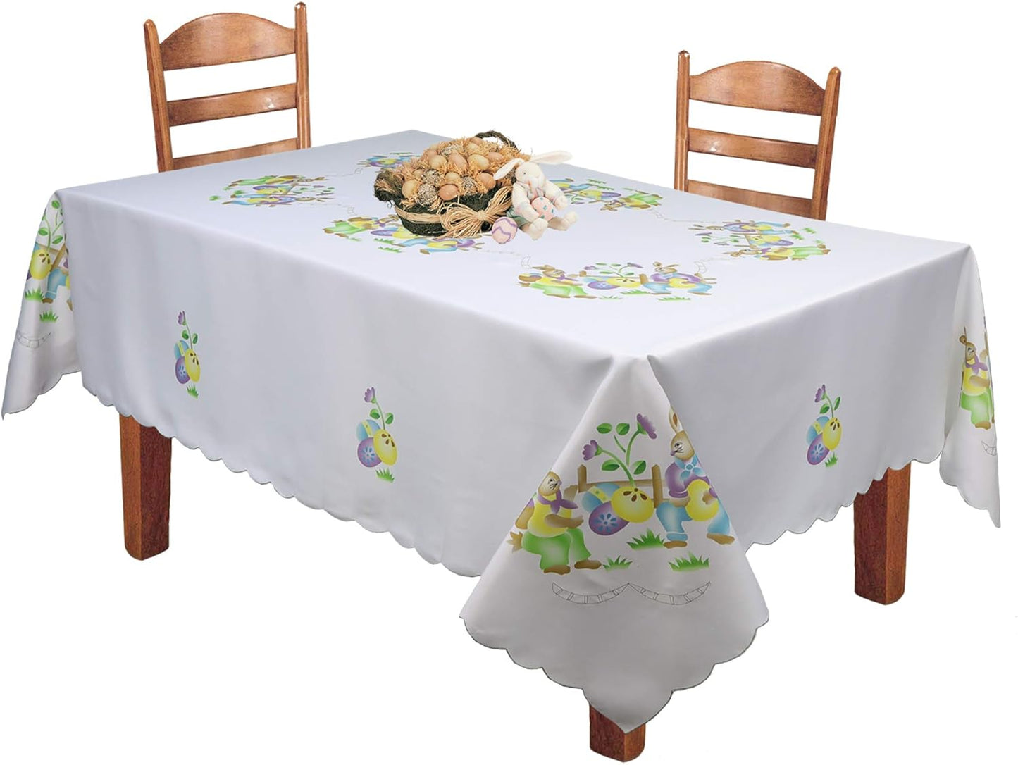 Easter Bunny 68" Round Spring Fabric Tablecloth in Egg White