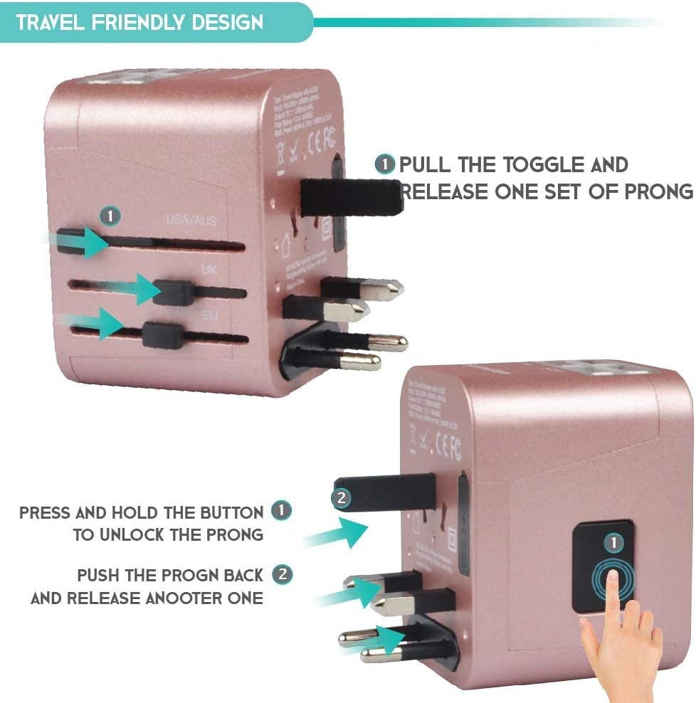 Universal Travel Adapter - All-in-One International Plug (Rose Gold) with 4 USB Ports, Compatible in 150+ Countries, 220 Volt, Type C to G, Ideal for UK, Japan, Germany, France, EU
