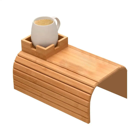 Wooden Sofa Armrest Tray with Foldable Anti-Slip Cup Holder and Snack Organizer