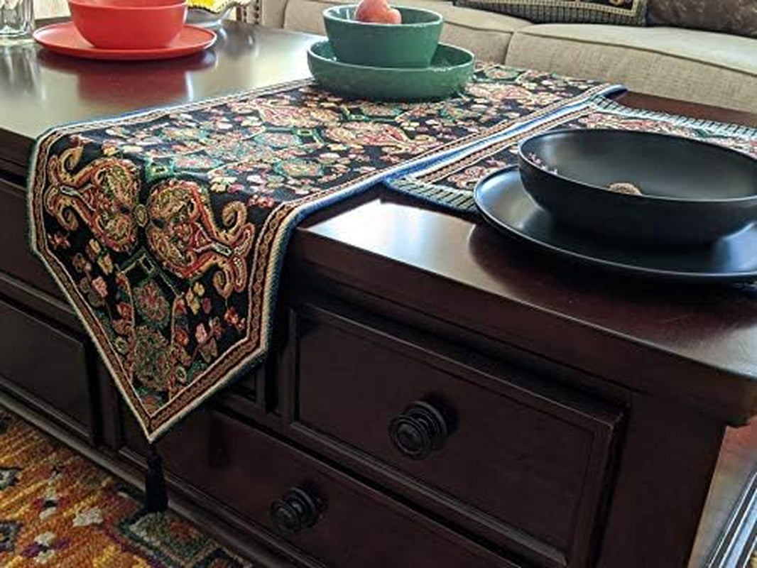 Tache Rococo Elegant Black and Green Paisley Cotton Linen Tapestry Table Runner with Tassels, 13x54 inches